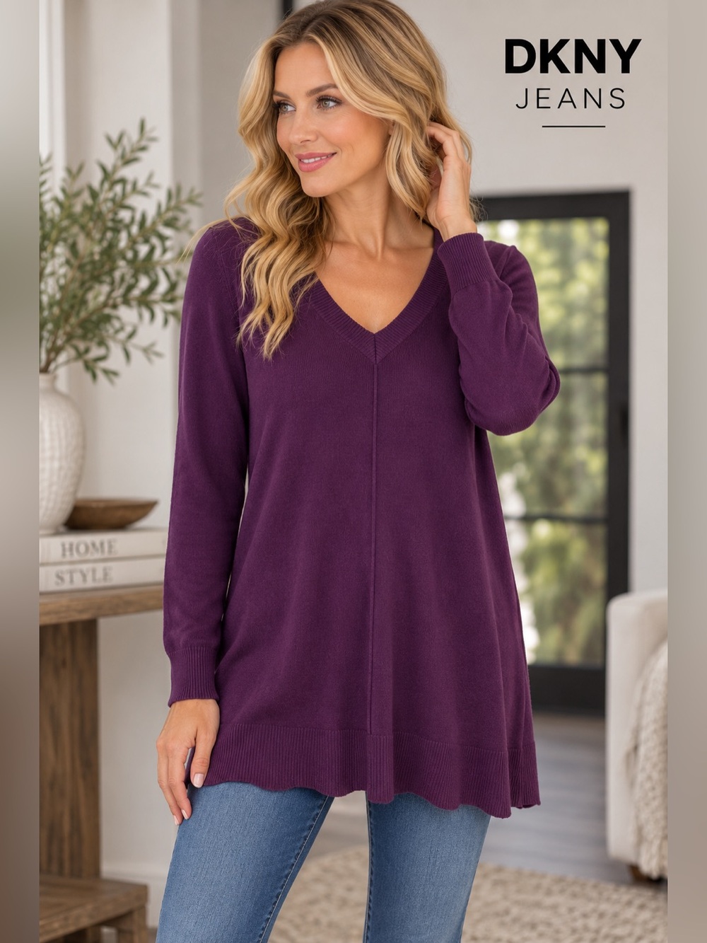 DKNY Jeans Plum Purple V-Neck Sweater L Long Sleeve Tunic Pullover